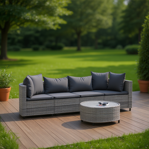 Gray Pe Rattan Patio <b>Sofa</b> <b>Set</b> Adjustable Feet Outdoor Garden <b>Sofa</b> Contemporary Design High Density Foam Cushions - Product Image 2