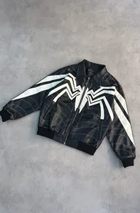 Custom Leather Y2K Grunge Cobweb Emblem Web Stitch Stripe Sleeve <b>Zip</b> <b>Up</b> <b>Jacket</b> for Men Clothing Manufacturer - Product Image 2
