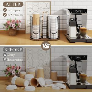 Organizador de Tazas y Tapas de <span class=keywords><strong>Caf</strong></span>é de 3 Compartimentos con Base de Madera, Dispensador de Metal Negro Vintage para Barra, Mostrador u Oficina - Product Image 4