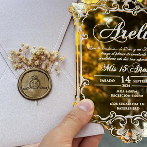 Invitaciones <span class=keywords><strong>de</strong></span> Quinceañera Personalizadas en Forma <span class=keywords><strong>de</strong></span> Corazón, Color Morado, con Espejo Dorado, Impresión Acrílica Blanca y Sobre - Product Image 5