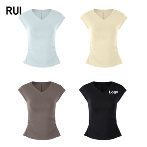Camisetas de Yoga RUIQUWIN para Mujer, Cuello en V, Color Sólido, Personalizables con Logotipo, Ajustadas, Transpirables, con Aberturas, Ligeras, Sin Costuras - Product Image 1