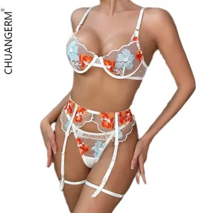 CHUANGERM OEM 2024 New Fashion Wholesale Sexy Lingerie Women Embroidery Colorful Flower Mesh Perspective Lingerie Femme Sexy