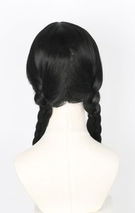 <span class=keywords><strong>Perruque</strong></span> de cosplay HLC à faible coût, personnalisée, pour Halloween, style <span class=keywords><strong>Addams</strong></span>, inspirée du film Wednesday, noire, avec frange droite et deux longues tresses - Product Image 2