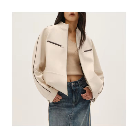 3168 Factory Directly Sale Long Sleeves Zipper Loose Black Real Leather Baseball Jacket for Women