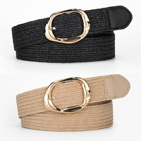 Cinturón Elástico Vintage para Mujer, Cinturón Dorado con Textura Tejida y Hebilla Redonda, Accesorio Elegante para Atuendos Retro