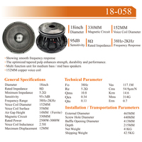 Haut-parleur professionnel de scène PA fQP18-058, woofer médium-grave 18 pouces, bobine vocale 152 mm, aimant 330 mm, 2500W-3000W, 8 ohms