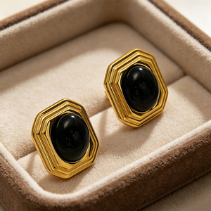 Geometric Stud Earrings Gold Black Stone Bezel Setting Party Fashion Jewelry Stainless Steel Octagonal Design - Product Image 1