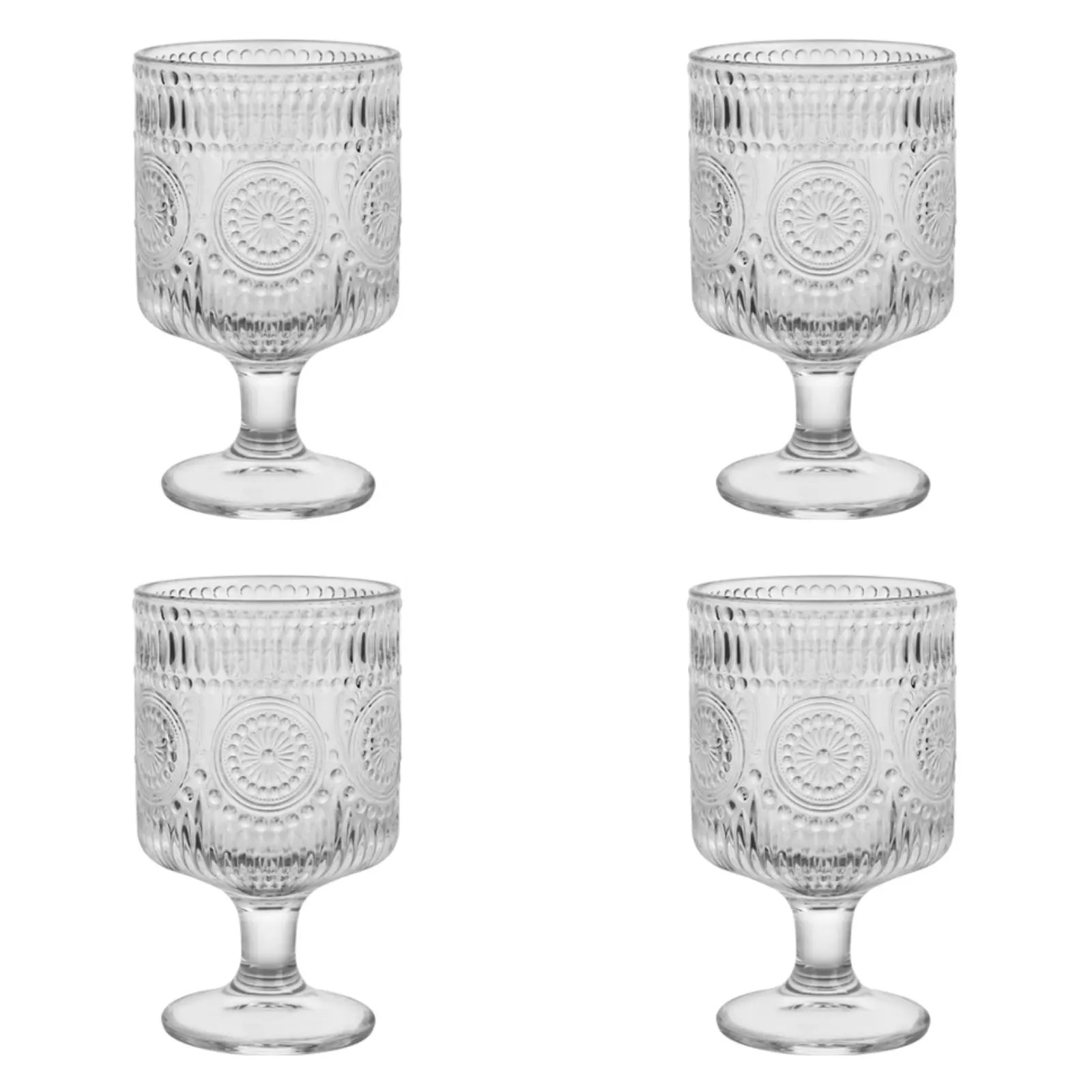 Taças vintage românticas de 4, copos de vidro decorativos florais vintage charmosos em relevo conjunto de copos de vinho de 8 onças