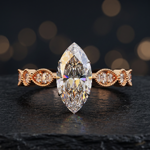 14K Rose Gold Marquise Cut Lab Grown Diamond Filled Floral Side Stone Luxury Women's Engagement <b>Ring</b> - Product Image 3