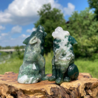 Figurine d'animal en agate mousse naturelle sculptée en loup hurlant, polie à la main, en cristal, pour décoration intérieure, objet de collection, cadeau