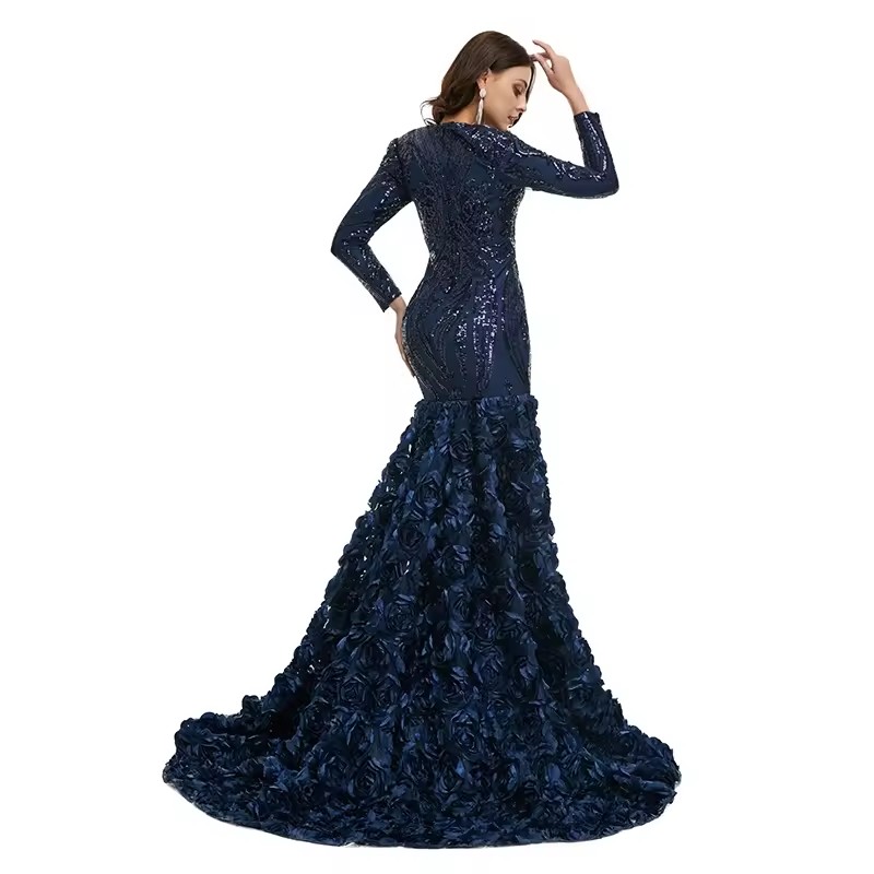 knee length dresses for ladies Navy Blue V-Neck Mermaid Long Sleeve Sequin Prom Dresses TP1106 US2 / As Picture