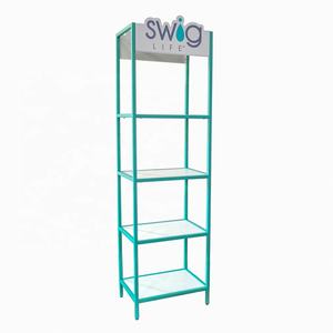 Estante de exhibición de bebidas de pie de madera y metal MDF de 4 niveles con recubrimiento de polvo azul personalizado al por mayor para supermercado - Product Image 2