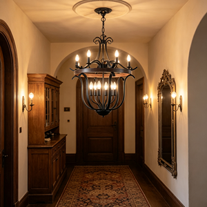 Lampadario Vintage a 6 Luci in Ferro Battuto, <span class=keywords><strong>Metallo</strong></span> Nero con Anello Effetto Legno, Lampada a Sospensione a Candela per Ingresso e Corridoio - Product Image 5