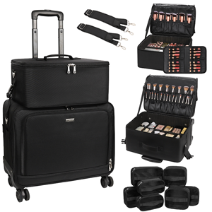 Maleta de Maquillaje Profesional Grande y Resistente de Nailon ReIaveI, Carrito de Cosméticos con Ruedas, Compartimentos Ajustables, Cierre de Cremallera, Estuche de Viaje - Product Image 4