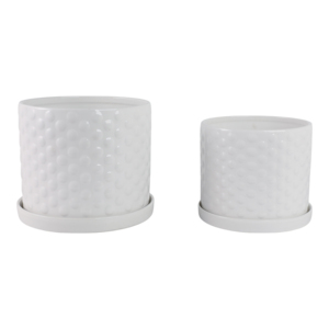 Vasi in ceramica con motivo a rilievo e sottovasi, design testurizzato per decorazioni da giardino interne ed esterne, elegante bianco - Product Image 1