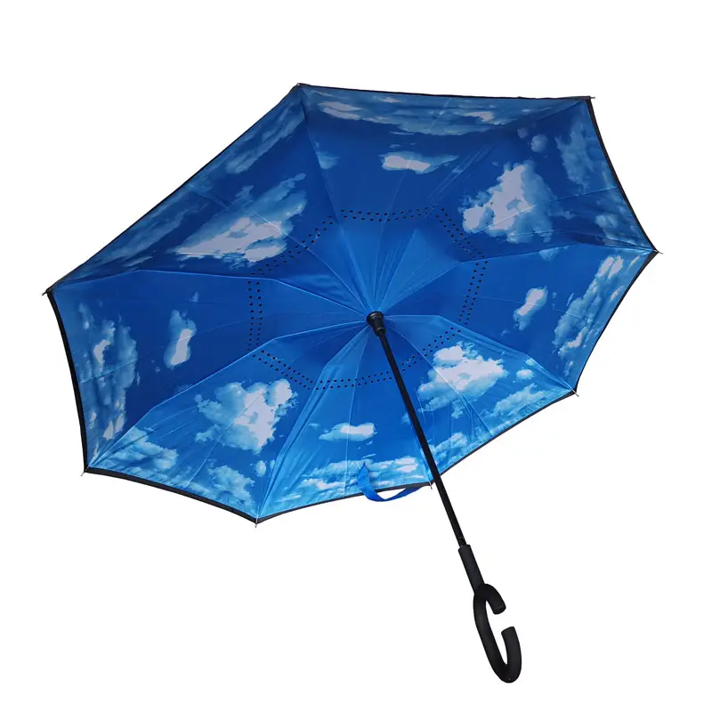 Hands free C handle double layer upside down reversible inversion reverse inverted umbrella Blue Sky Full printing Design