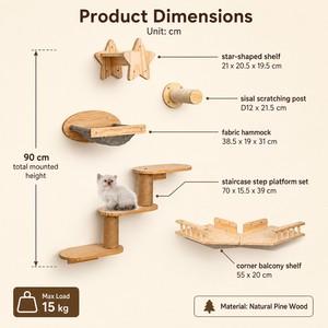 Juego de estantes de pared para gatos de madera natural, estante en forma de estrella, poste rascador de sisal, hamaca de tela, escalones de tela, muebles de pared para gatos - Product Image 6