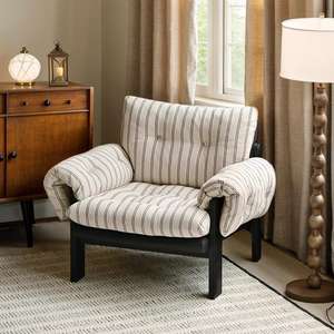 Fauteuil rayé en tissu de style français, structure en bois massif, housse amovible, chaise de salon - Product Image 2