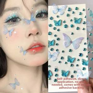 Autocollant de maquillage décoratif pour le visage, effet <span class=keywords><strong>tatouage</strong></span> géométrique <span class=keywords><strong>3D</strong></span> en strass, ultra-brillant, gaufré, auto-adhésif, en tulle papillon - Product Image 2