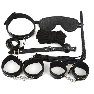 Sm Leather 7 Piece <b>Set</b> Black Red Handcuffs Blindfold Rope Restraints For Couples <b>Bondage</b> Toys - Product Image 2