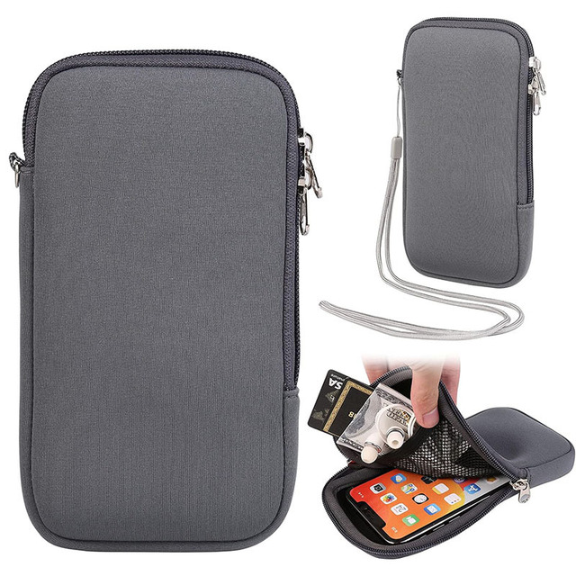 Diving Material Zippered Phone Case Portable Phone Sleeve with Neck Lanyard for Storage