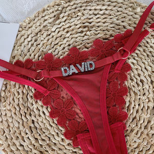Sous-vêtements Tangas en dentelle sexy personnalisés avec nom et lettre 2024, culottes à fleurs brodées avec lettre en strass - Product Image 3