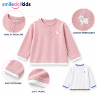 Kaos Henley Lengan Panjang Berlapis untuk Anak Perempuan, Kaos Dasar Anak Balita dengan Pinggiran Kontras, Atasan Anak OEM ODM Grosir