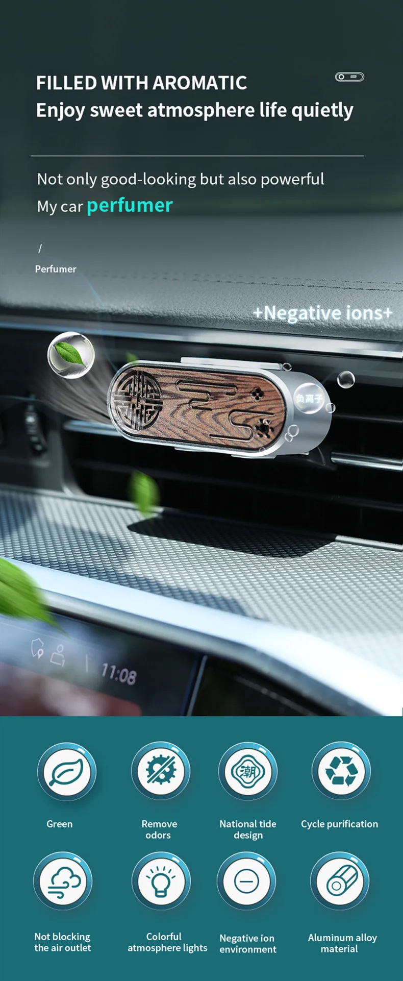 wood grain led colorful light fragrance scent diffuser USB small ionizer negative ion Anion cleaner portable car air purifier