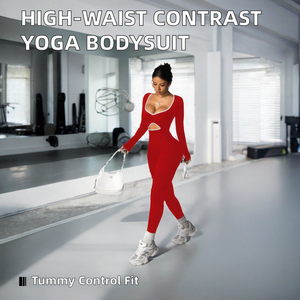 Body de yoga de cintura alta para mujer con control de abdomen, manga larga, elástico en cuatro direcciones, mono deportivo para fitness al aire libre con cuello alto - Product Image 2