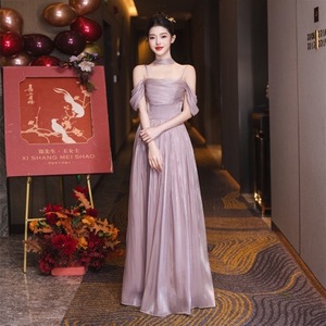Korean Style Purple Satin Bridesmaid Dress One-Shoulder A-Line Natural Waist Long Elegant Formal Wedding Party Gown - Product Image 2