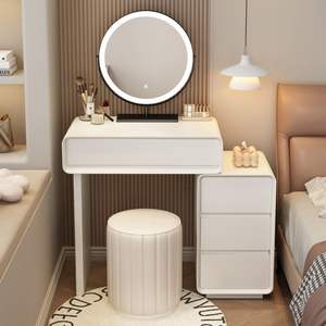 Coiffeuse en bois massif style crème <span class=keywords><strong>avec</strong></span> miroir, tiroirs et tabouret – <span class=keywords><strong>Table</strong></span> de maquillage moderne pour chambre et <span class=keywords><strong>table</strong></span> de chevet - Product Image 4