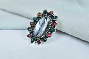 Handmade White Buffalo Aurora Opal Sterling Silver <b>Adjustable</b> <b>Ring</b> Natural Gemstone Jewelry for Women Wholesale - Product Image 3
