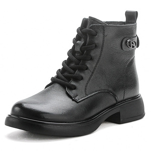 Nouveau rétro peau de vache hiver <span class=keywords><strong>talon</strong></span> bas Martin bottes en <span class=keywords><strong>cuir</strong></span> véritable Style britannique bottes courtes pour les femmes - Product Image 2