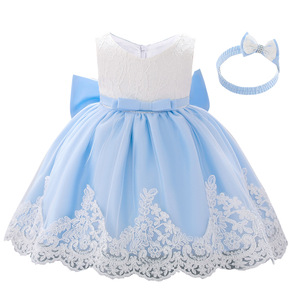 Vestido de Princesa con Encaje para Bebés y Niñas Pequeñas, Diseño de Bloques de Color con Lazo, Traje para Fiesta de Primer Cumpleaños - Product Image 2