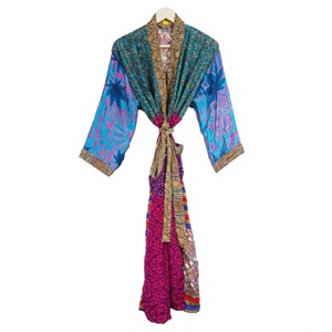 Kimono Elegante de Seda 100% para Mujer, Diseño Sólido/Floral, Cuello en V, Cierre con Cordón, Manga Larga, Transpirable, para Verano - Product Image 1