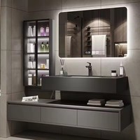 Meuble-lavabo mural noir mat double couche, style minimaliste, grande capacité, personnalisé pour projets hôteliers (vente en gros)
