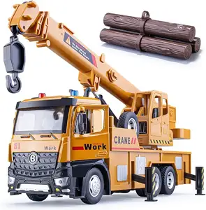 Friction Powered Crane Machine Tow Truck with Lights and Sounds Crane Truck Toy Metal Cab Construction Equipment for Kids