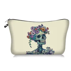 Funny Gothic Hippie Wearing a wreath Skeleton Skull Cosmetic Bag Women's Makeup Bag Zipper Pouch Travel Toiletry Gifts