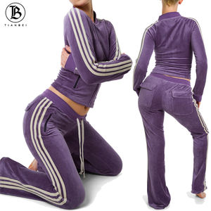 ملابس نسائية ملونة مخصصة عالية الجودة بشعار مطرز غير رسمي مخملي Y2K طقم من قطعتين بدلة رياضية نسائية قطيفة - Product Image 4