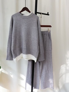 Chine usine femmes décontracté extérieur haute rue vierge <span class=keywords><strong>pull</strong></span> pantalon ensemble surdimensionné <span class=keywords><strong>chaud</strong></span> plat tricoté longue couleur unie d'origine - Product Image 4