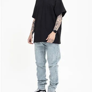T-shirt pour homme en coton lourd noir, 95% coton, 5% élasthanne, couleur unie, col rond, taille oversize - Product Image 6
