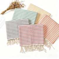 Turkish Custom Design Logo Eco-friendly All-Season Beach Bath Towel Striped Polyester Cotton Woven Tassel Quick-drying