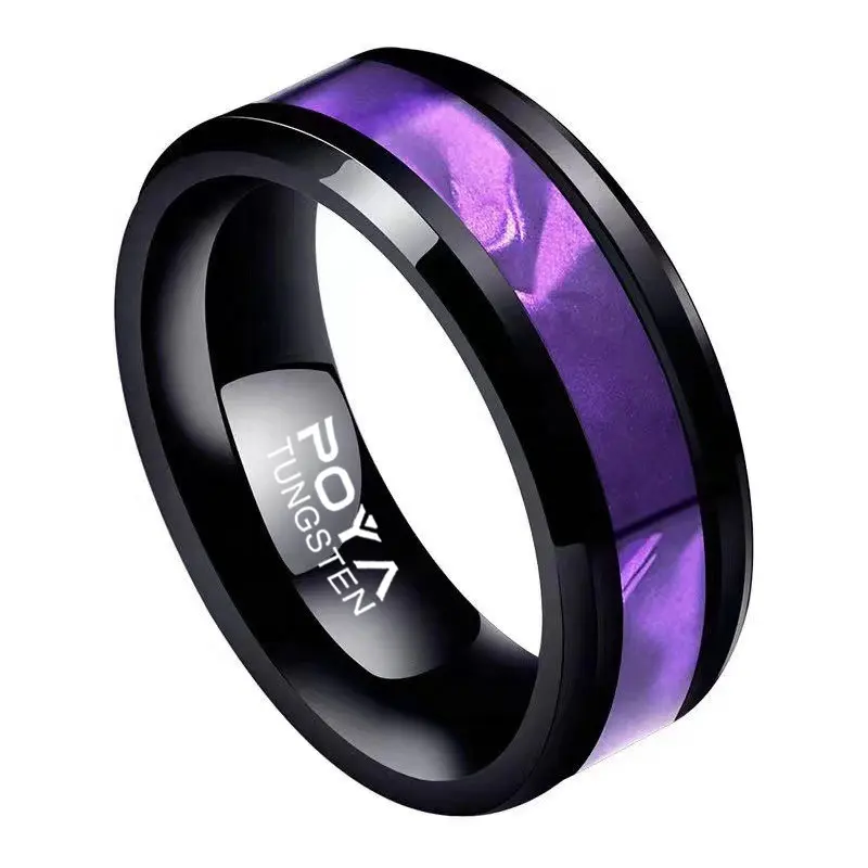 POYA Mens Tungsten Abalone Shell Inlay Ring 8mm Purple Women Wedding Band Black Promise Ring
