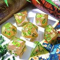 Ensemble de dés polyédriques en résine artisanale avec fleurs vertes et jaunes, 7 pièces, pour jeu de société DND - L18