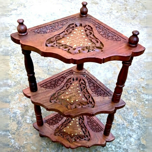Wooden Handmade Luxury Eco-Friendly Three Tier Carved Design Floor-Standing Foldable Corner <b>Shelves</b> Brass Inlay for Living Room - Product Image 1