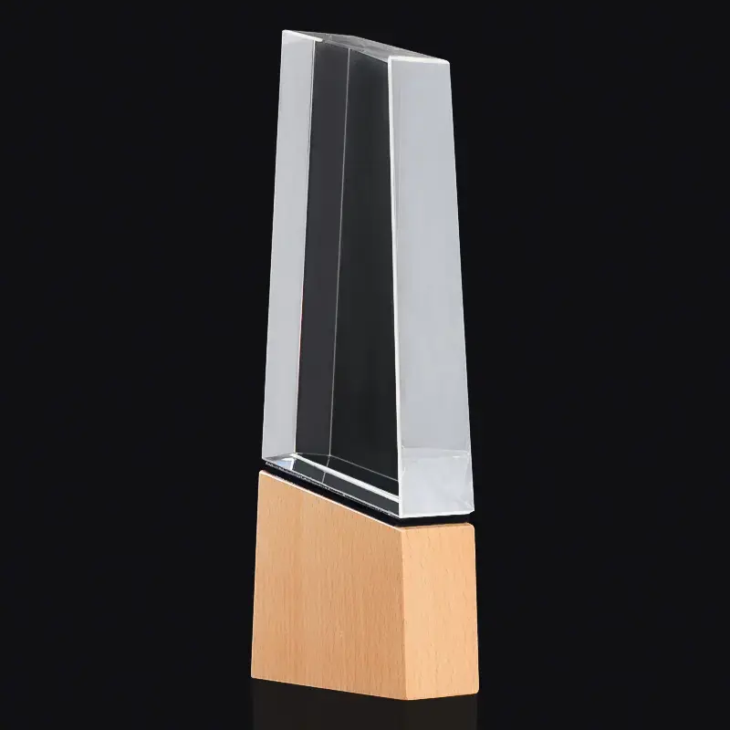 Trofeo de cristal en blanco de madera transparente K9 al por mayor grabado en láser personalizado logotipo trofeo de madera de cristal premios