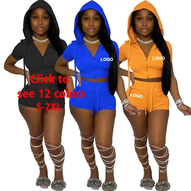custom 2 piece set women shorts set tracksuit solid zip hoodies custom print embroidered two piece set