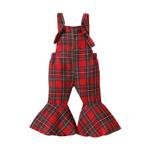 Jumpsuit celana flanel bayi perempuan, celana flanel Natal kotak-kotak hijau merah Vintage keseluruhan Suspender Natal Anak perempuan 0-4 tahun - Product Image 2