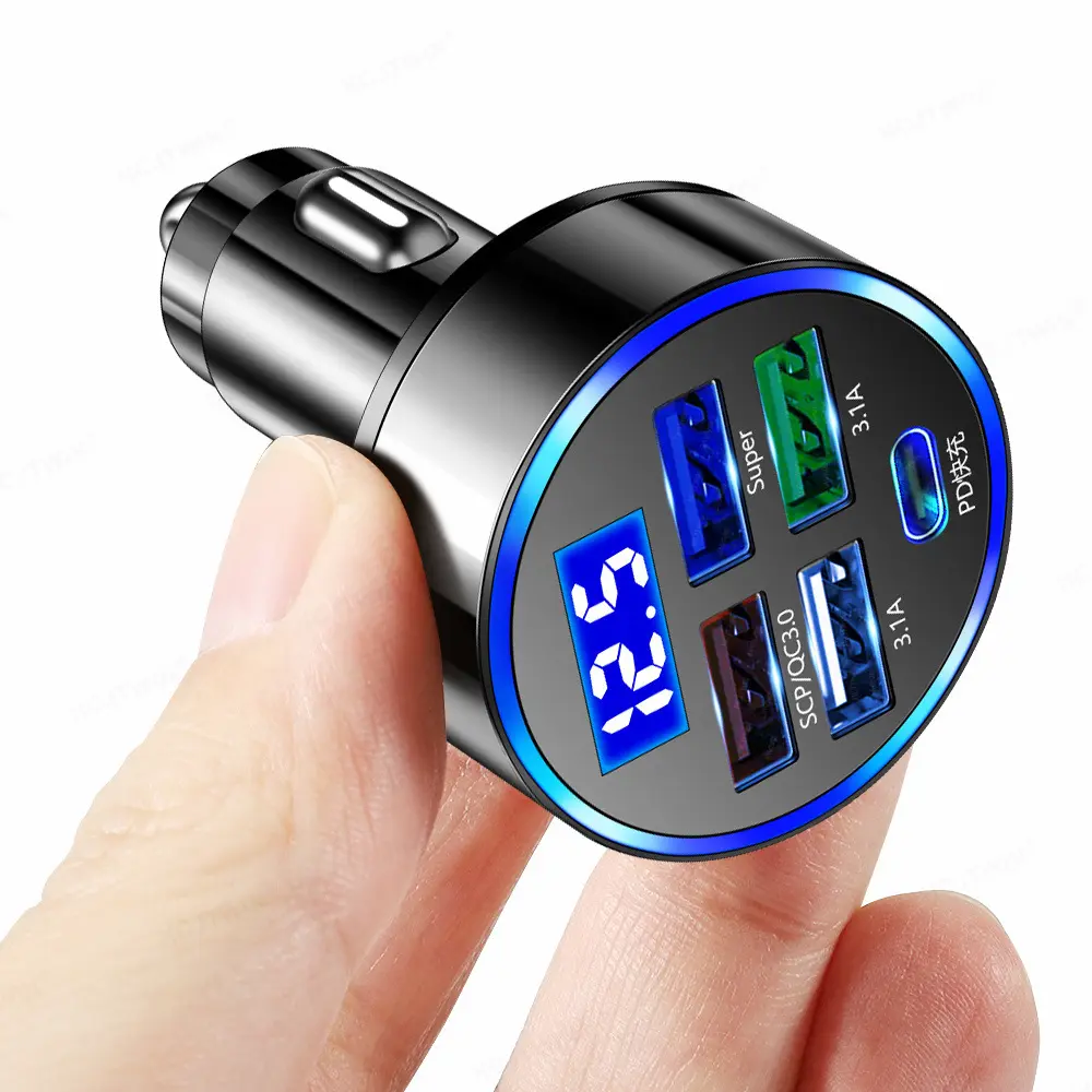 250W QC3.0 LED Voltage Display 5 Port USB PD Quick Car Charger Type C PD Fast Charging Phone Car Cigarette Lighter Adapter