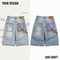 Shorts en jean pour homme brodés Sashiko Sakura, bleu clair délavé, motif fleurs de cerisier, coupe droite, décontracté d'été, fabricant OEM